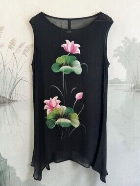 100% Silk Midi Beach Dress Black Sleeveless w/ Artisinal Hand Painted Pink Lotus